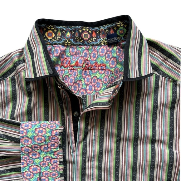 ROBERT GRAHAM Button Up LS Shirt sz XL Gray & Multicolor Stripe Floral Cuff/Trim - Picture 1 of 12
